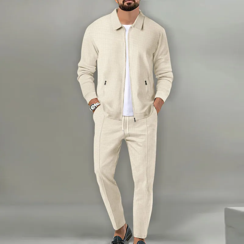 Men Fashion Casual Basic Solid Color Waffle Long Sleeve Lapel Zipper Coat Trousers Sets