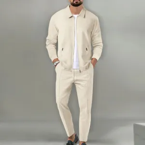 Men Fashion Casual Basic Solid Color Waffle Long Sleeve Lapel Zipper Coat Trousers Sets