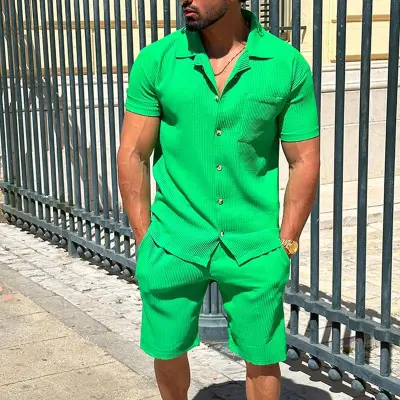 Men Fashion Casual Basic Solid Color Stripe Short Sleeve Lapel Shirt Shorts Sets