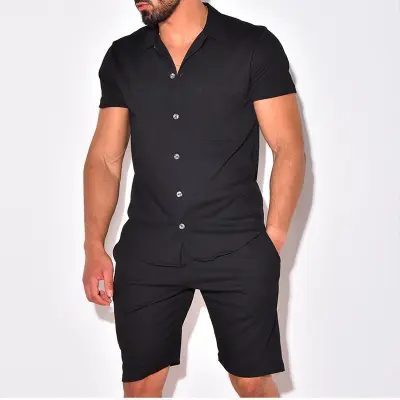 Men Fashion Casual Basic Solid Color Stripe Short Sleeve Lapel Shirt Shorts Sets