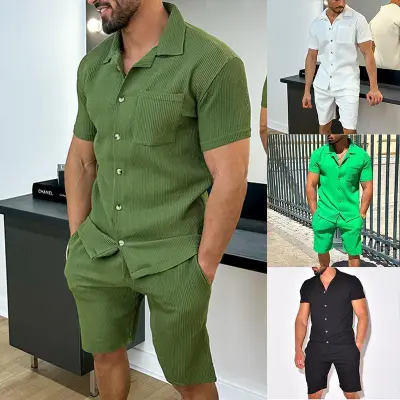 Men Fashion Casual Basic Solid Color Stripe Short Sleeve Lapel Shirt Shorts Sets