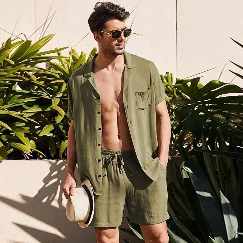 Men Summer Fashion Casual Solid Color Short Sleeve Lapel Shirt Shorts Sets