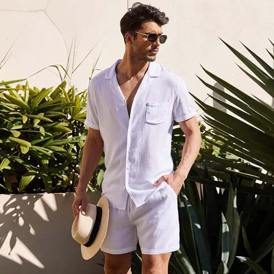 Men Summer Fashion Casual Solid Color Short Sleeve Lapel Shirt Shorts Sets