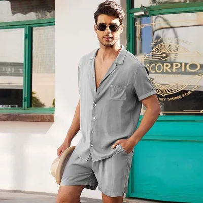 Men Summer Fashion Casual Solid Color Short Sleeve Lapel Shirt Shorts Sets