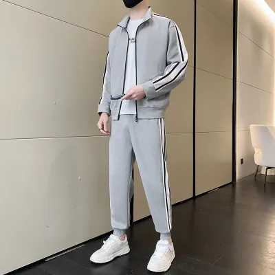 Men Fashion Casual Sports Stripe Long Sleeve Turtle Neck Zip Coat Trousers Plus Size Set