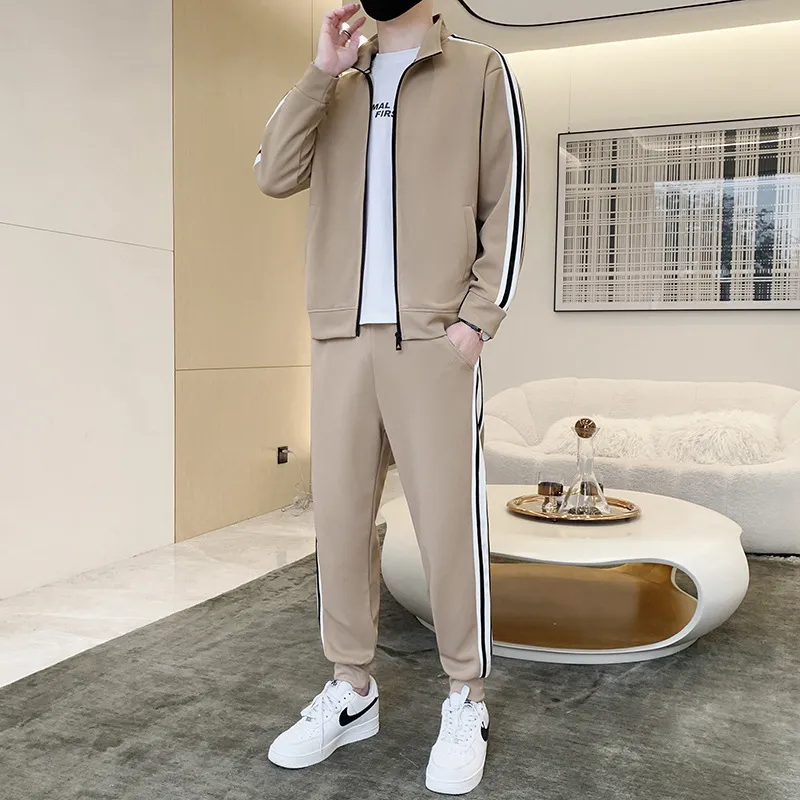 Men Fashion Casual Sports Stripe Long Sleeve Turtle Neck Zip Coat Trousers Plus Size Set