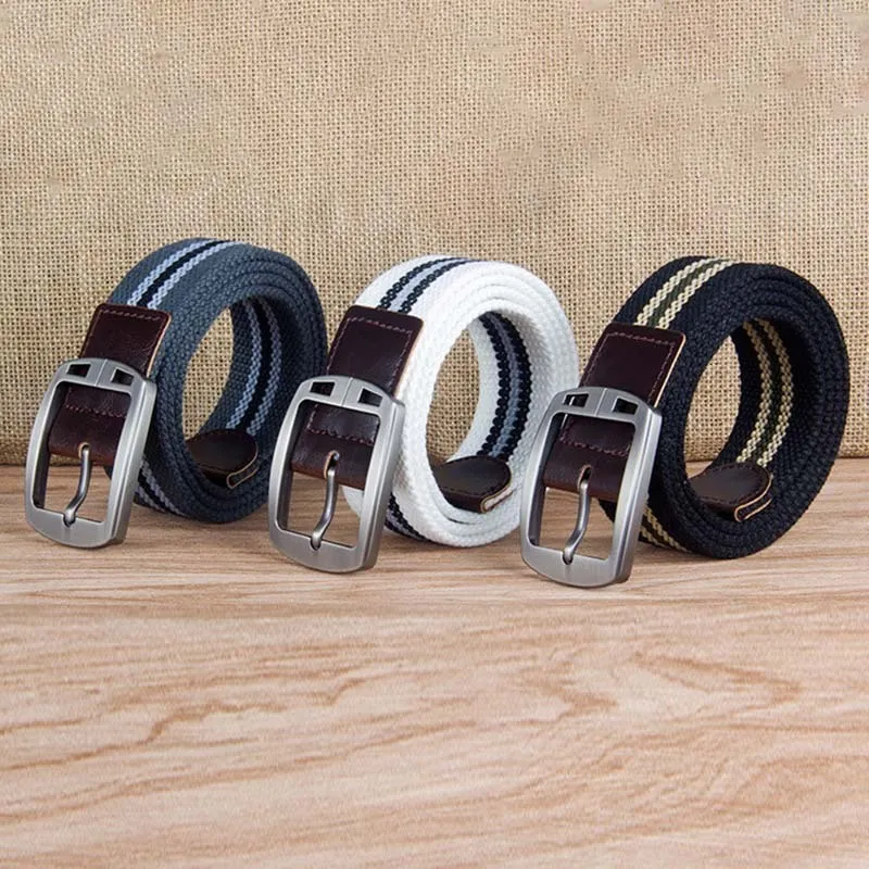 Men Casual Sports Versatile Canvas Woven Square Pin Buckle Belt