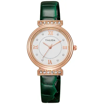 Women's Rhinestone-Encrusted PU Band Quartz Round Watch