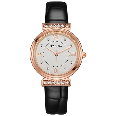 Women's Rhinestone-Encrusted PU Band Quartz Round Watch