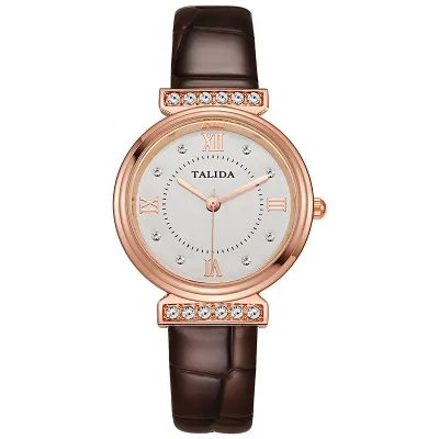 Women's Rhinestone-Encrusted PU Band Quartz Round Watch