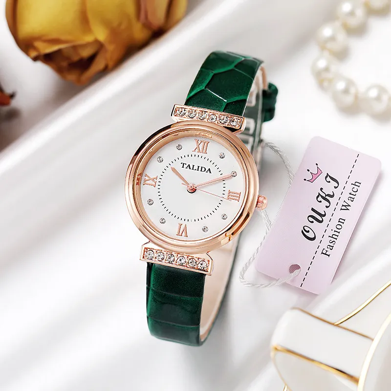 Women's Rhinestone-Encrusted PU Band Quartz Round Watch