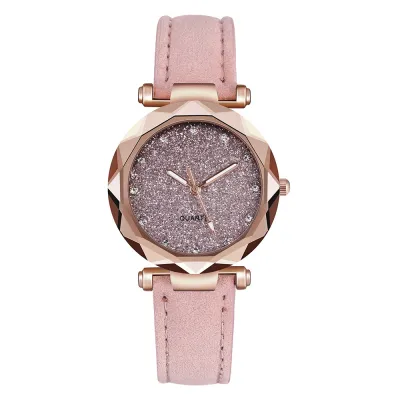 Glitter Starry Silver Women Frosted Pu Band Belt Quartz Watch