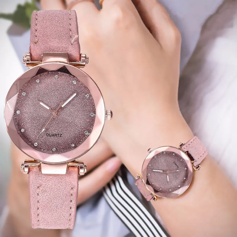 Glitter Starry Silver Women Frosted Pu Band Belt Quartz Watch