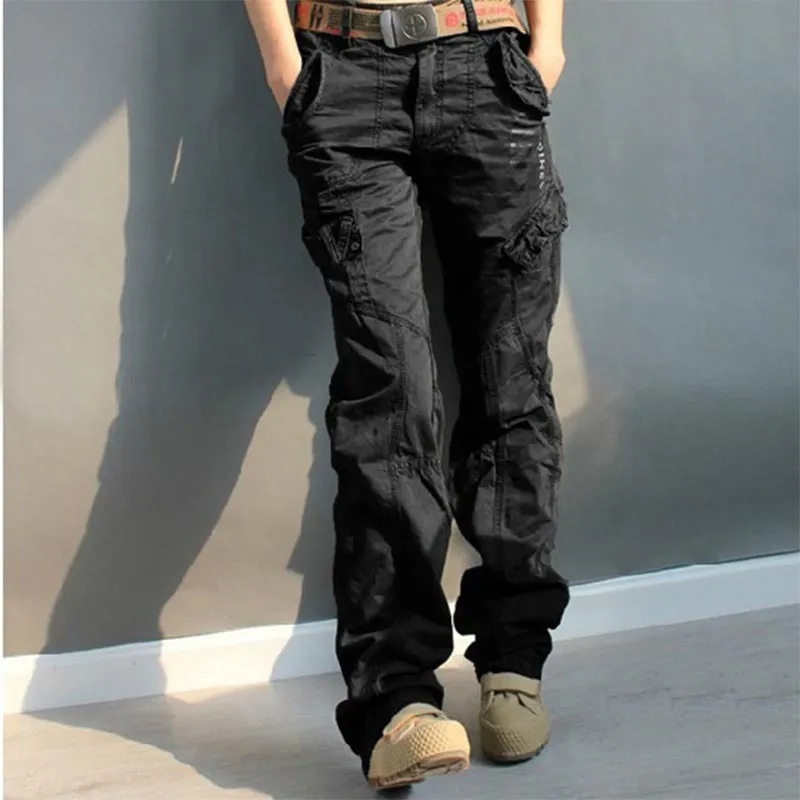 Wholesale Pantalones cargo rectos sueltos informales negros de talla grande  con múltiples bolsillos para mujer de moda urbana