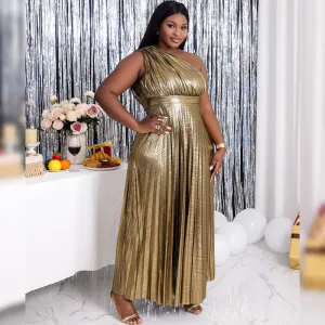 Plus Size Women One-Shoulder Backless Long Swing Pleated Party Evening Dress