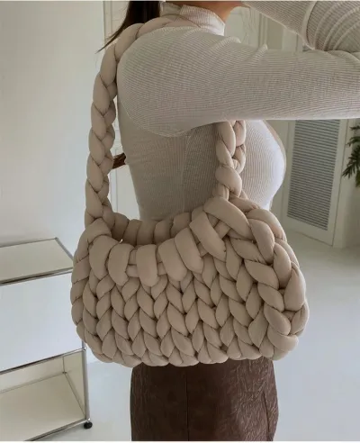 Women Fashion Solid Color Hand-Woven Wool Handbag Soft Small Clutch