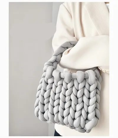 Women Fashion Solid Color Hand-Woven Wool Handbag Soft Small Clutch