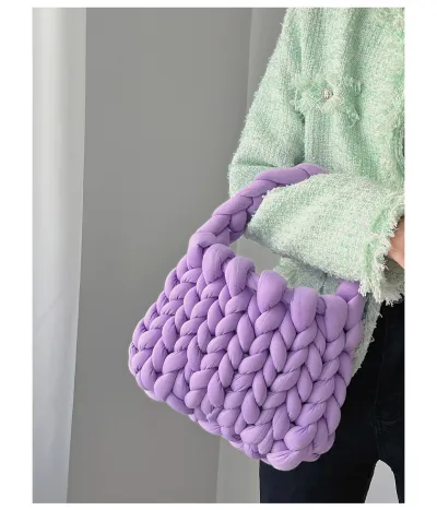 Women Fashion Solid Color Hand-Woven Wool Handbag Soft Small Clutch