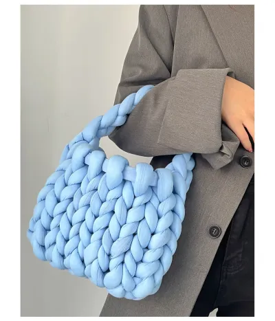 Women Fashion Solid Color Hand-Woven Wool Handbag Soft Small Clutch