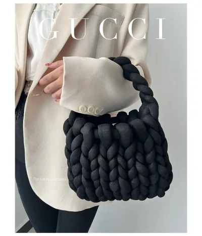 Women Fashion Solid Color Hand-Woven Wool Handbag Soft Small Clutch