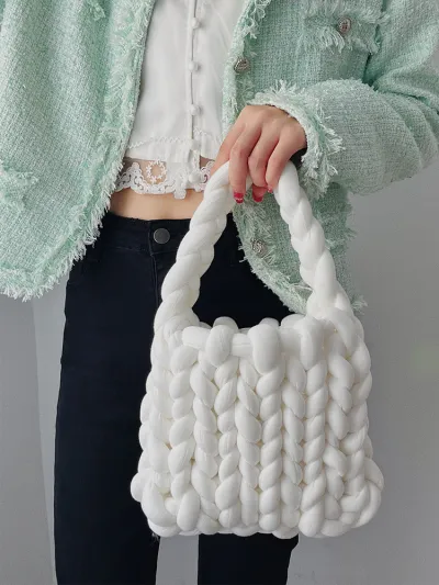 Women Fashion Solid Color Hand-Woven Wool Handbag Soft Small Clutch
