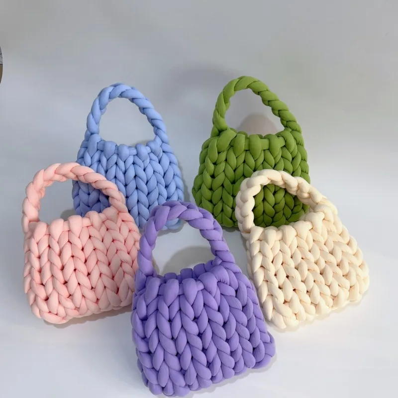 Women Fashion Solid Color Hand-Woven Wool Handbag Soft Small Clutch