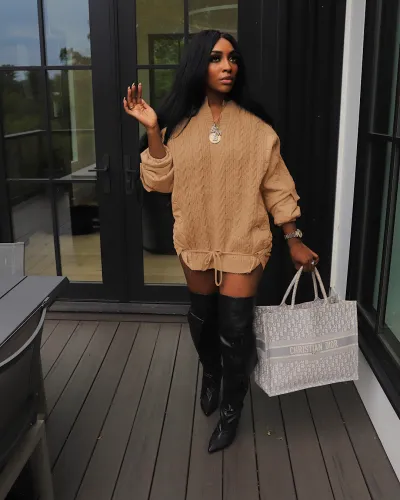 Women Fashion Casual Drawstring Knitted Cotton Coat Stitching Jacket