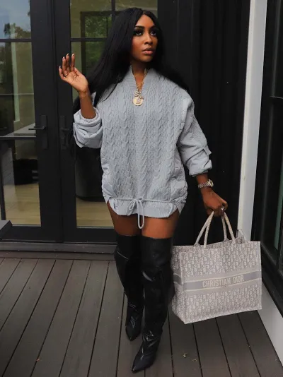 Women Fashion Casual Drawstring Knitted Cotton Coat Stitching Jacket