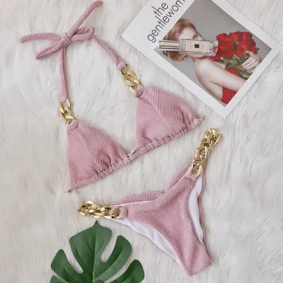 Women Fashion Sexy Metal Chain Stitching Bikini Swimsuit Set