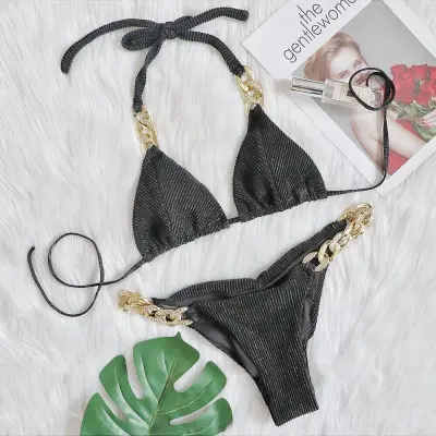 Women Fashion Sexy Metal Chain Stitching Bikini Swimsuit Set