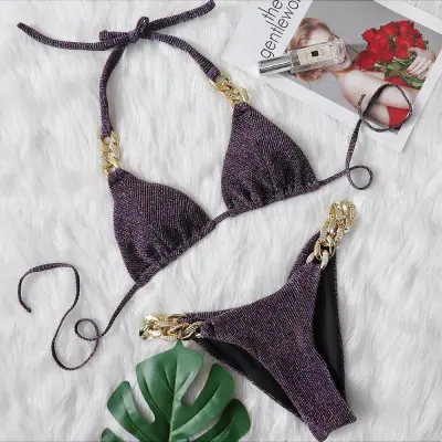 Women Fashion Sexy Metal Chain Stitching Bikini Swimsuit Set