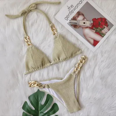 Women Fashion Sexy Metal Chain Stitching Bikini Swimsuit Set