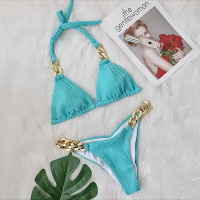 Women Fashion Sexy Metal Chain Stitching Bikini Swimsuit Set