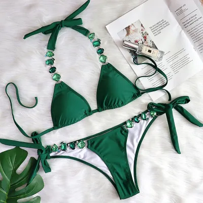 Women Fashion Sexy Rhinestone Strap Bikini Swimsuit Set