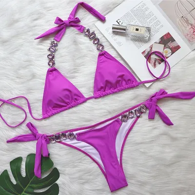 Women Fashion Sexy Rhinestone Strap Bikini Swimsuit Set