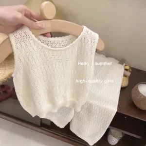Girls Summer Knitted Cropped Vest Top and Pants Two-Piece Set