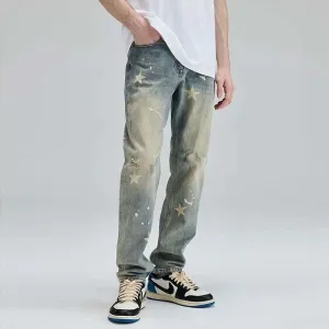 Men Fashion Casual Vintage Star Print Straight Leg Denim Jeans