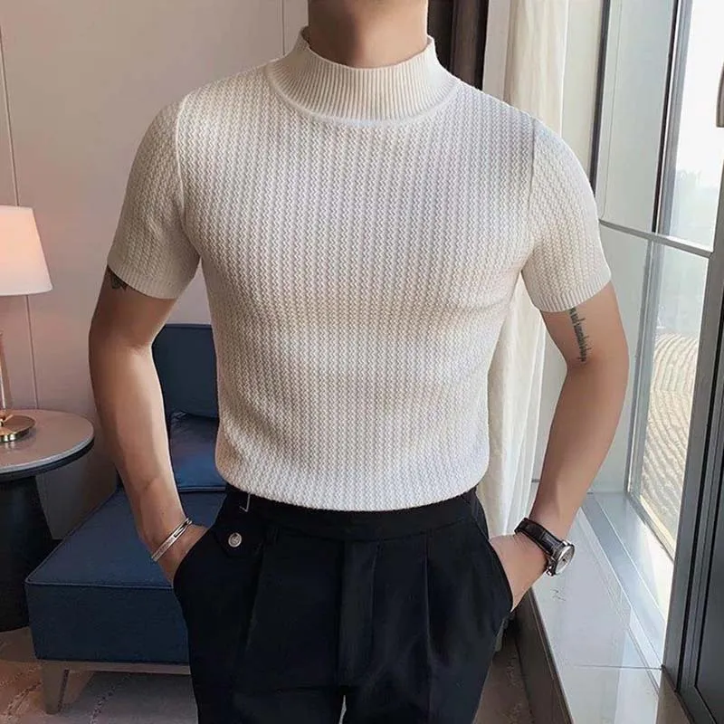 Solid-colour short-sleeve turtleneck sweater