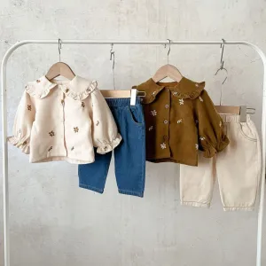 Kids Baby Girls Corduroy Floral Embroidery Long Sleeve Ruffled T-Shirt Jeans Set Spring Autumn Casual