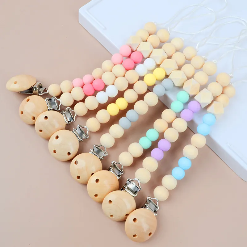 Baby Candy Color Anti-Drop Pacifier Chains for Boys Girls Kids Wooden Teether
