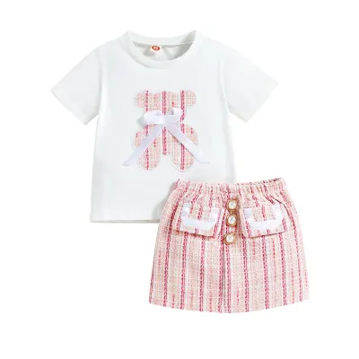 Kids Girls Clothing Summer Casual Cute Bow Cartoon Bear Pattern Short Sleeve Round Neck T-Shirt Stripe Skirt Sets