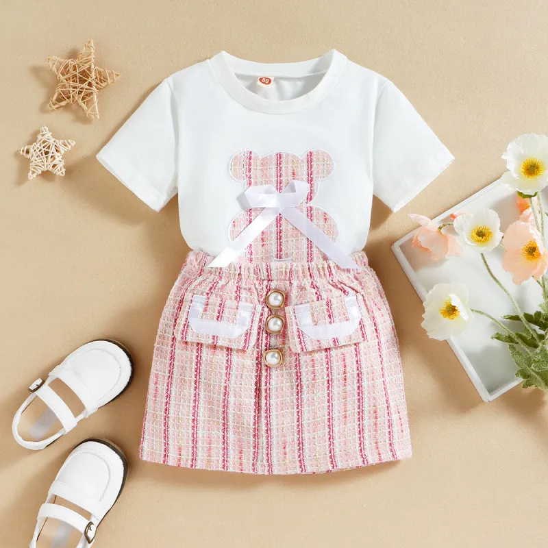 Kids Girls Clothing Summer Casual Cute Bow Cartoon Bear Pattern Short Sleeve Round Neck T-Shirt Stripe Skirt Sets