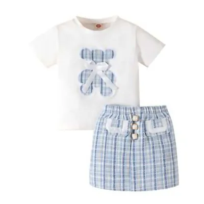Kids Girls Clothing Summer Casual Cute Bow Cartoon Bear Pattern Short Sleeve Round Neck T-Shirt Stripe Skirt Sets