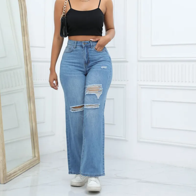 Women Fashion Ripped Wide Leg Jeans - Straight Leg Denim Pants