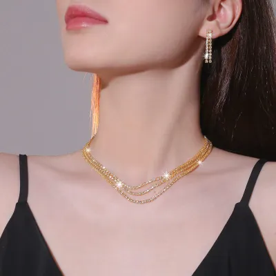 Women Fashion Tassel Rhinestone Earrings Necklace Set