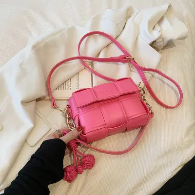 Women Fashion Solid Color Flip Rhombic Woven Square Crossbody Bag