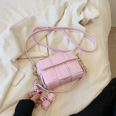 Women Fashion Solid Color Flip Rhombic Woven Square Crossbody Bag