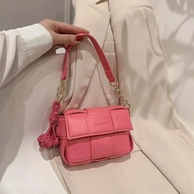 Women Fashion Solid Color Flip Rhombic Woven Square Crossbody Bag