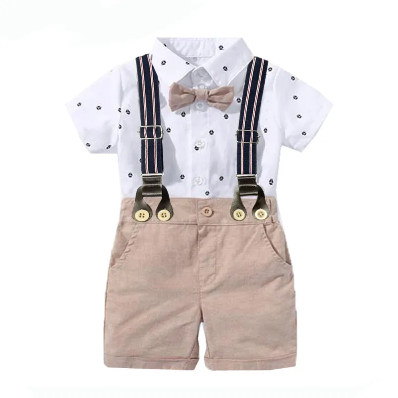 Kids Baby Boys Party Casual British Style Short Sleeve Lapel Romper Strap Shorts Set Cotton