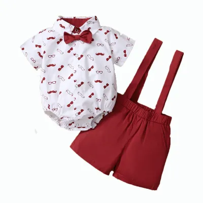 Kids Baby Boys Fashion British Style Short Sleeve Lapel Romper Strap Shorts Set Casual Party Clothing